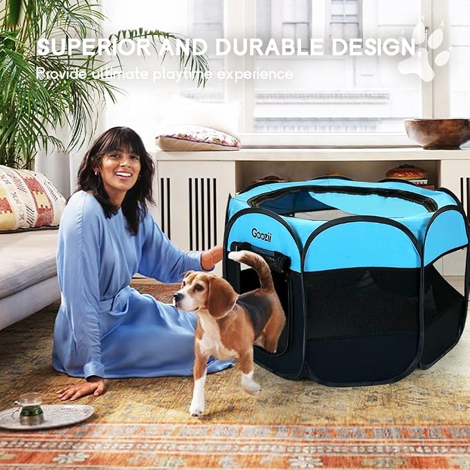 Goozii Dog Playpen for Large Dogs Portable Collapsible, Indoor Outdoor Cat Pet Puppy Exercise Play Pen Tent Crate Cage with Zipper Door Top Cover Floor for Camping (Large Size, Blue)