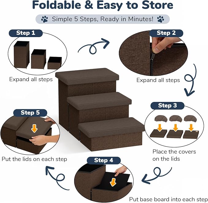3-Step Wide Dog Stairs 18" H with Removable Cover, Non-Slip Storage Pet Steps for High Bed Couch, Pet Stairs for Small/Medium/Large Old Dogs Puppy Up to 200lbs, Cat Dog Steps for Car, Coffee