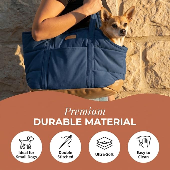 Plush Dog Purse Carrier for Small Dogs, Soft Dog Tote Bag with Safety Harness Clip, Cozy Pet Carrier for Dogs Under 15 lbs, Comfortable Dog Shoulder Carrier for Travel, Dark Blue