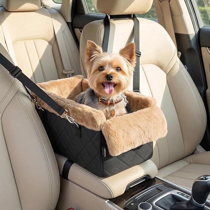 Center Console Dog Car Seat for Small Dogs&Cats Under 12 LBS | Puppy Car Seats with Non-Slip&Strong Support, Anti-Collapse Portable Pet Bed for Puppies with Soft Cushion Safety Belt, Brown