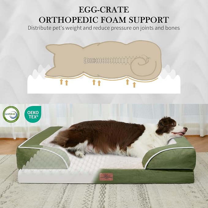 Comfort Expression Orthopedic Dog Beds for Large Sized Dog with Bolster | Waterproof Dog Couch Bed with Washable Cover & Non-Slip Bottom, Supportive Egg Crate Foam Large Pet Bed, 38x25 Inch