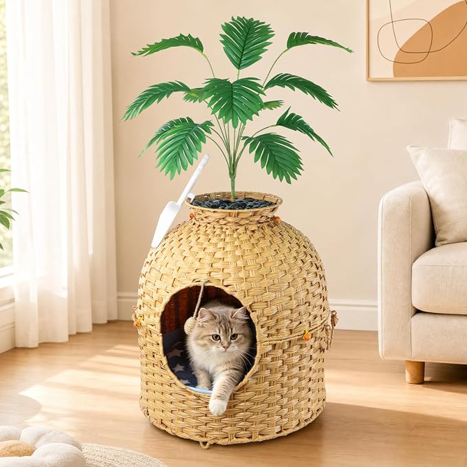 Cat Hidden Litter Box Enclosure Furniture, Handwoven Rattan Cat House with Decorative Faux Plant, Cat Litter Box with Scoop & Sisal Ball, Real Stones for Living Room, Bedroom, Corner Natural