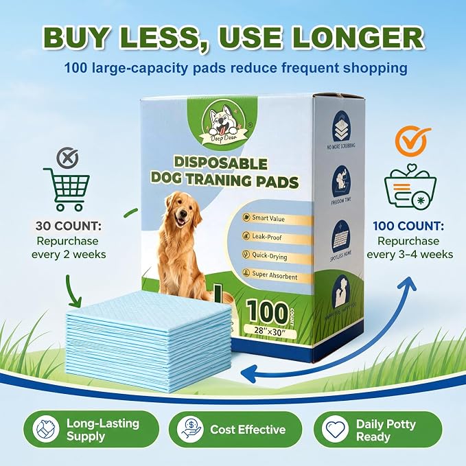 DEEP DEAR 100-Pack 30"x28" Extra Large Dog & Cat Pee Pads, Super Absorbent Quick-Dry Disposable Puppy Pads with Great Valve Leakproof Technology for Easy Potty Training & Pet Care