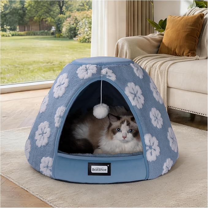 BALANCE Cat Beds for Indoor Cats, 2-in-1 Cat Bed Cave with Anti-Slip Bottom and Ultra-Soft Plush, Cozy Cats House Tent for Kittens and Small Dogs, 21 Inches, Blue
