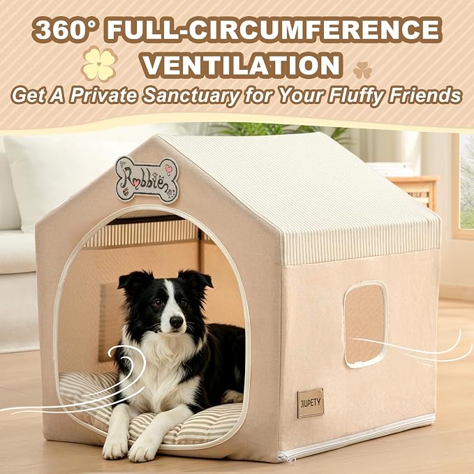 ndoor Dog House with Frame, Cute Dog Tent Bed with Cover Cave | Breathable, Washable, and Foldable House, Suitable for 36-66 Lb, Large (29"×29"×29"), Beige