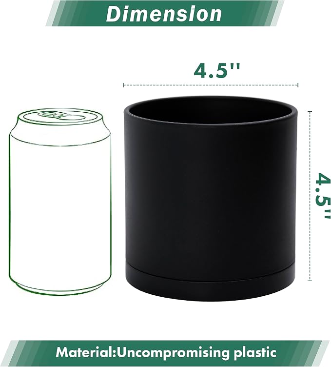 D'vine Dev 6 Pack 4.5 Inch Modern Plastic Plant Pots, Small Garden Planters for Plant with Drainage Holes and Saucers, Black Color, 74-Y-F-3