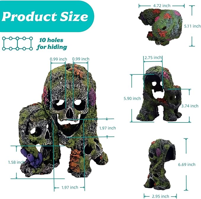 Betta Fish Tank Decorations Hideout - Triple Skull Hiding Cave for Aquarium, Resin Ornament with Artificial Moss Texture and Multiple Entrances for Shrimp, Small Fish - 7.3x4.9x6.1inch