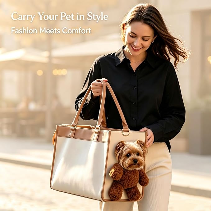 Teddy Bear Dog Carrier Bag, Teddy Carrier Bag for Dogs and Cats, Portable PU Leather Shoulder Tote with Plush Ears, Portable Convenient，White Brown Color Scheme