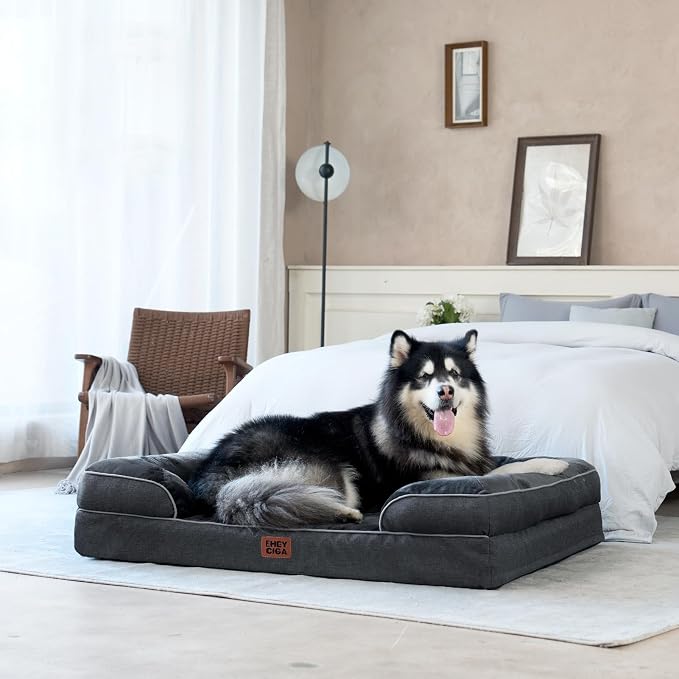 EHEYCIGA Orthopedic Dog Beds Large Sized Dog, Waterproof Washable Pet Bed | Non-Slip Bottom and Egg-Crate Memory Foam Dog Couch Bed with Washable Removable Cover, Dark Grey