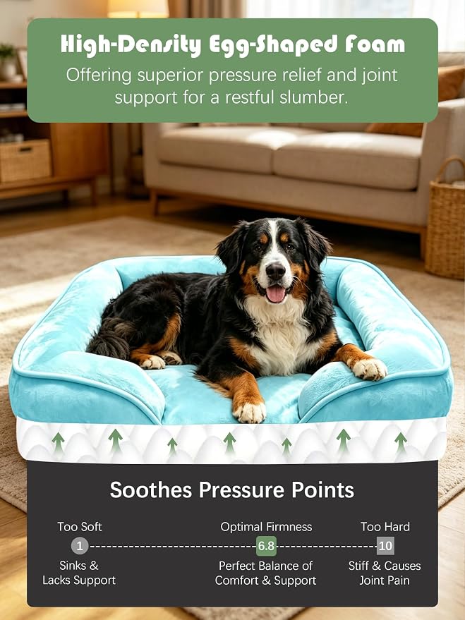 Spotted Play Orthopedic Dog Bed with Sides - Sofa Beds for Extra Large Dogs, Supportive Foam Pet Couch Bed with Washable Removable Cover, Waterproof Lining and Non-Slip Bottom, Ice Blue - XL-Plus