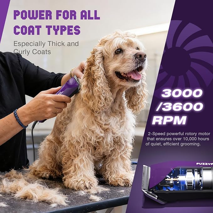 AmpFix Professional Dog/Pet Grooming Clippers 2-Speed Heavy-Duty | 2 Detachable Blade 8 Metal Combs, 10ft Cord, Runs Cool & Quiet, Anti-Slip Shatter-Proof Housing for All Animal Coats