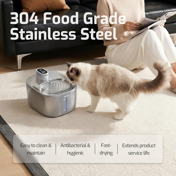 Cat Water Fountain Stainless Steel,152oz/4.5L Wireless Pet Fountain,Automatic Water Bowl for Cats Dogs with Motion Sensor,Quiet Filtered Pet Water Fountain w 5 Filters(Filters for 4 Months)