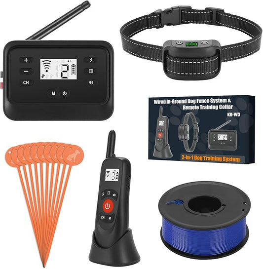 2-in-1 Wired Dog Fence & Remote Training Collar, Underground/Aboveground Dog Fence, Electric Pet Containment System, Tone/Vibration/Shock Mode, 650Ft Wire, for 1 Dogs