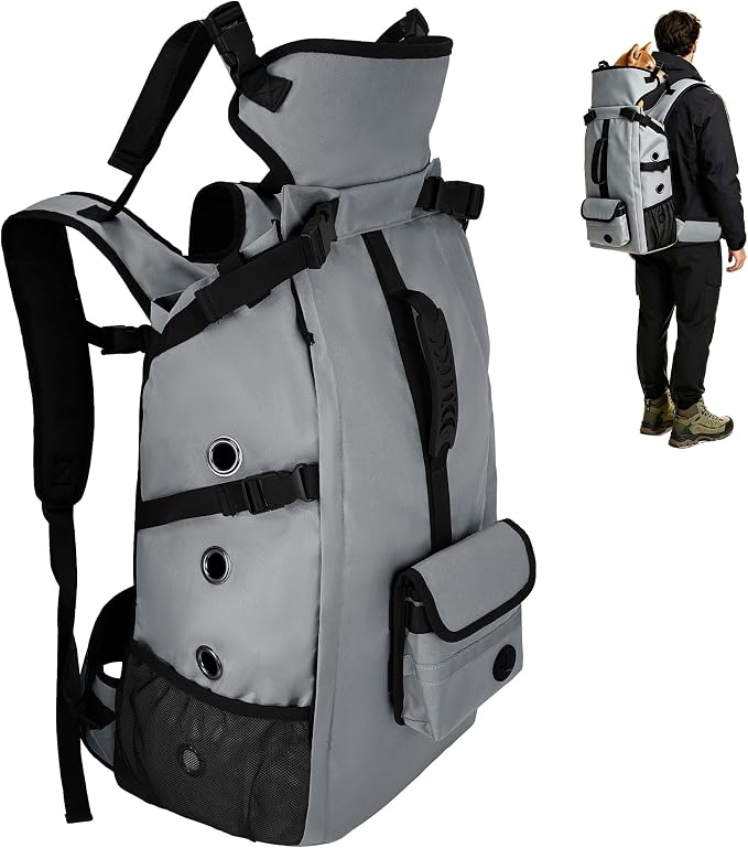 Breathable Dog Hiking Backpack Carrier for Large Dogs, Grey | 4-Layer Protection, Adjustable Dog Backpack with Storage Pockets, Reflective Strips, 3D Ergonomic Support, Under 50 lb