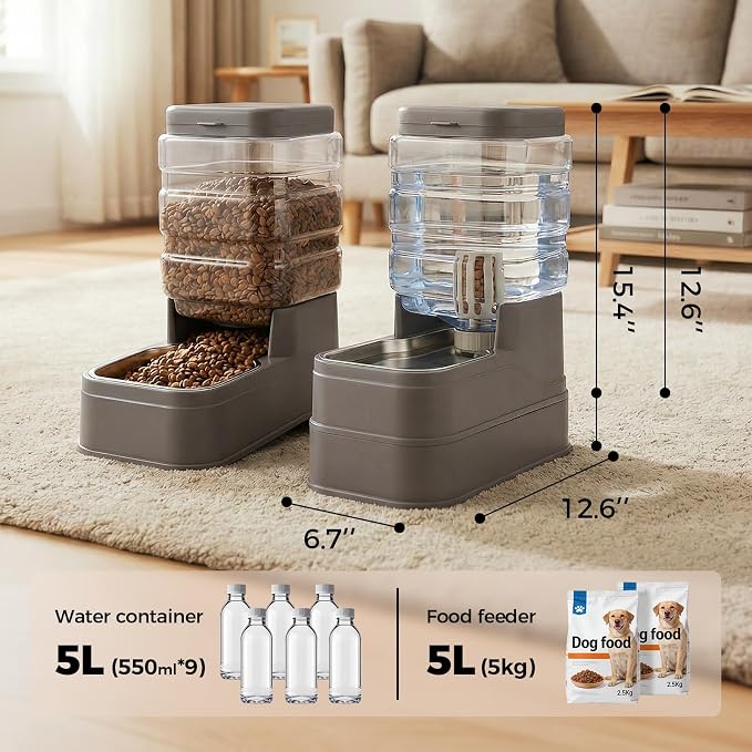 Automatic Cat Feeder and Water Dispenser with Stainless Steel Bowl with Ice Pack Gravity Food Feeder and Waterer Set Feeding Raised Bowls with Filter for Dog 1.3 Gallon x 2(Grey)