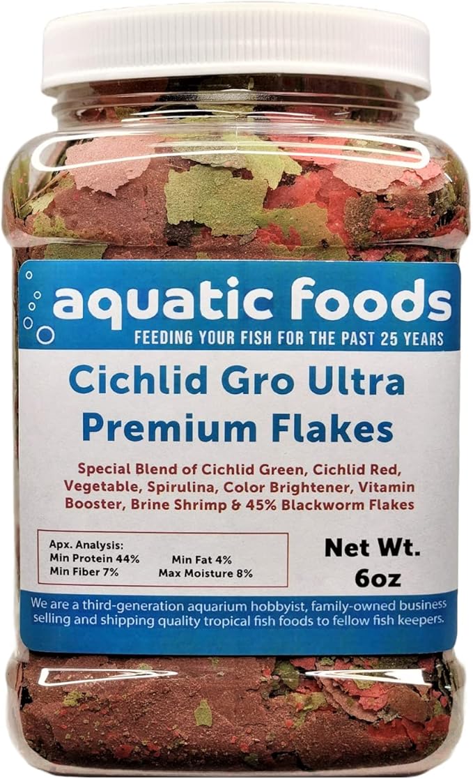 Aquatic Foods Inc. Cichlid Growth Flakes, Ultra 8-Type Premium Flake Mix for Discus, Cichlids, All Tropicals. Aquatic Foods Premiun Flakes - 6oz Med Jar
