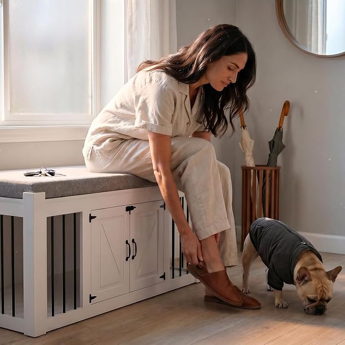 Dog Crate Furniture with Padded Seat, Luxury Wooden Dog Kennel, End of Bed Bench Ottoman with Removable Cushion for Bedroom, Living Roome, White