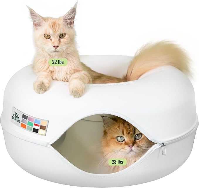 Peekaboo Cat Cave Donut for Multiple & Large Cats up to 30-45 lbs, 3-in-1 Self Warming Cat Bed, Tunnel & Scratcher for Indoor Cats, Washable & Detachable Small Dog Bed (White, Large)
