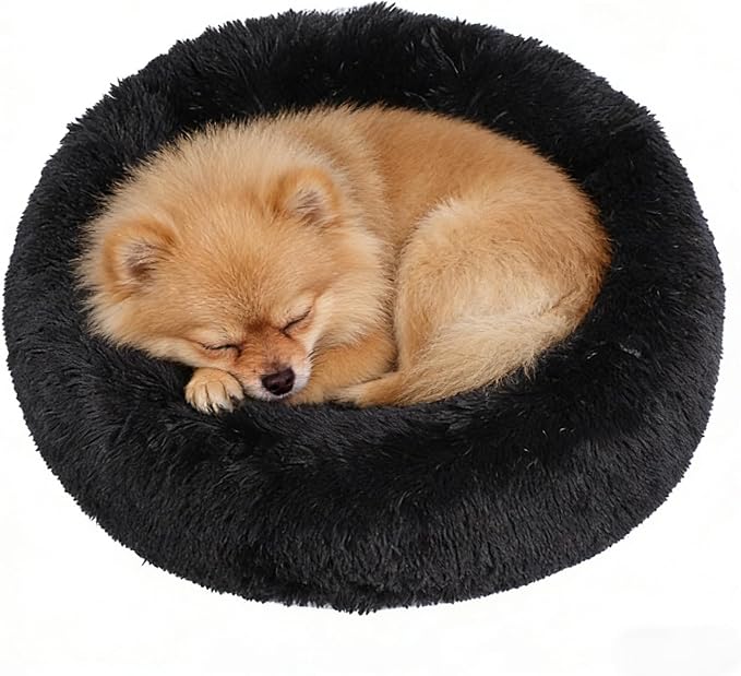 Calming Donut Dog Beds for Small Dogs Kitten - Washable Removable Cover Non-Slip Bottom, Round Pet Bed Puppy Bed Warming Fluffy Faux Fur Anti-Anxiety, Fits up to 15 lbs (Black, 20")