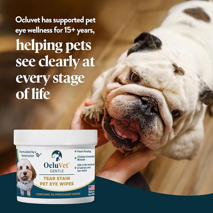 OcluVet Tear Stain Wipes for Dogs, Cats and Horses, Gentle Non-Stinging Pet Eye and Face Cleaning Wipes with EDTA, Tear Stain Remover, 50 Count