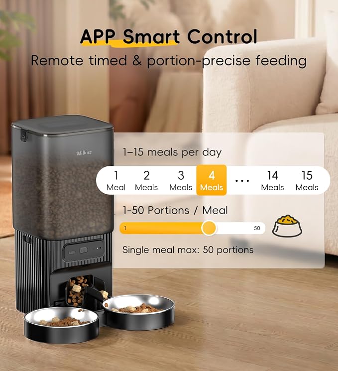 7L Automatic Cat Feeder 2 Cats, 5G WiFi Dog Food Dispenser with APP Control | APP Control, Dual Power Supply, Up to 12 Meals Per Day, 10s Voice Recorder, 2 Stainless Steel Bowls