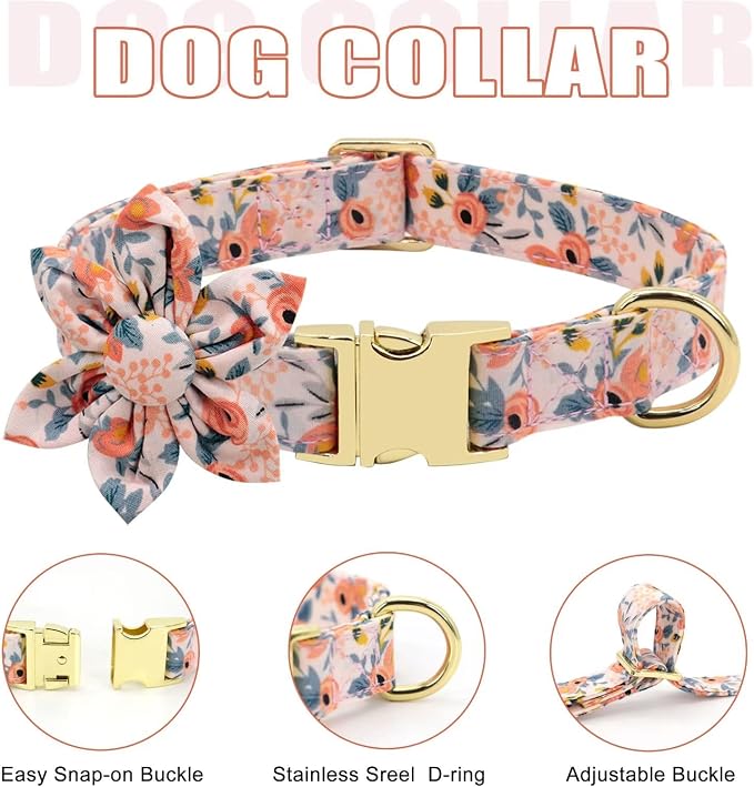 Beirui Cute Dog Collars,Harnesses,Leashes Set, Floral Pattern, Orange,S | Girl Dog Harness Set with Flower, Adjustable and Soft Mesh Lining, For Small Dogs Daily Walks