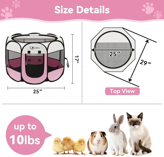 Sieidihit Dog Cat Pet Playpen Puppy Crate Cage Indoor Outdoor, Small Pink | Rest Zone for Recovering Pets New Pet Quarantine Room Portable Pop Up Easy to Set up lightweight dog Kennel with Carrying Bag