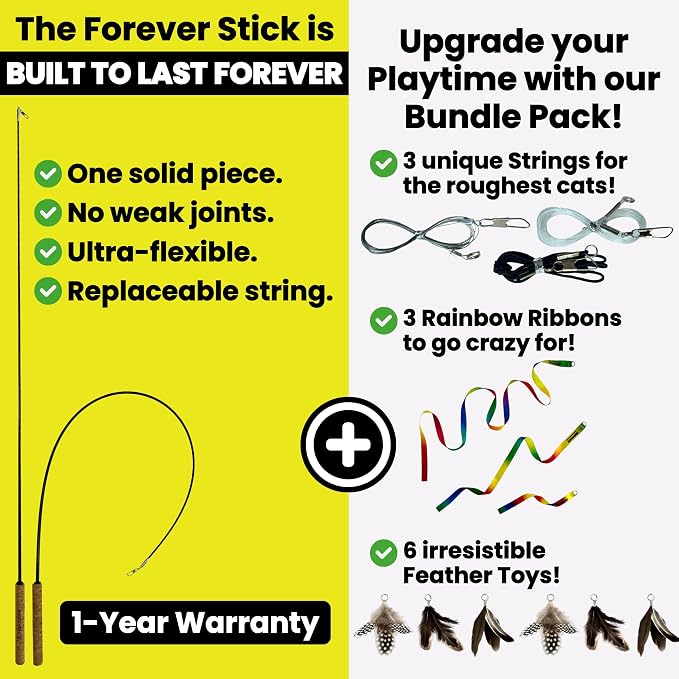 Forever Stick with Cat Toys and Strings Bundle - The Unbreakable Cat Wand Toy, Durable Cat Toy Wand, Extra Long Cat String Toy, Cat Fishing Pole Toy for Bored Indoor Adult Cats, Cat Stick Toy