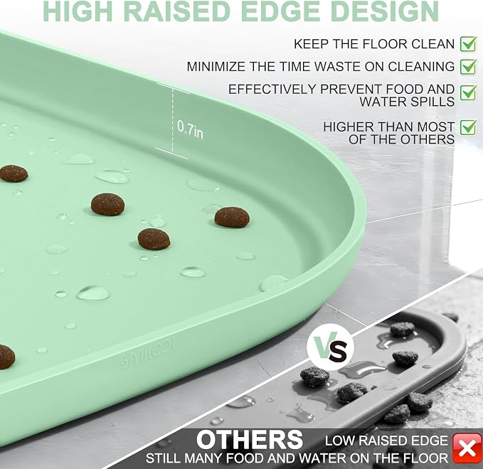 SMILOOL Waterproof Silicone Pet Food Mat with Raised Edge for Dog & Cat | 12" x 12" Non-Slip Small Pet Feeding Mats with Lip for Food & Water Bowl, Food Grade, Easy Cleaning, Mint Green