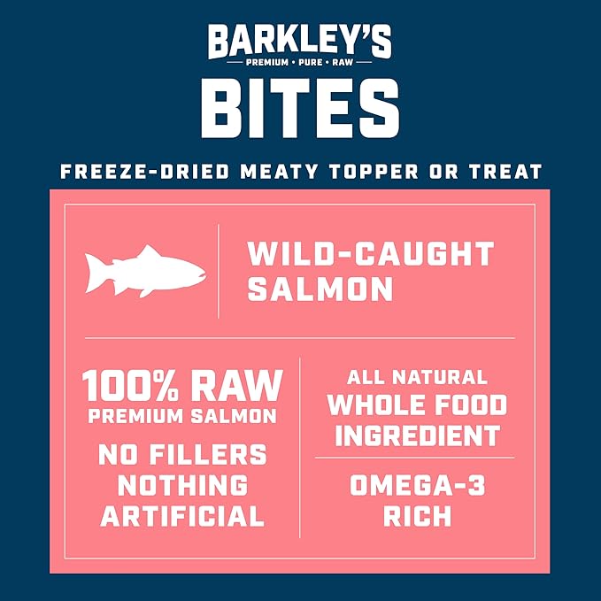 Barkley’s Bag Salmon Bites, Freeze Dried Dog Treats and Food Topper, Made with Wild-Caught Salmon, Bite-Sized Whole Pieces for Training Rewards, for All Dog Breeds, Ages & Sizes, 4 Oz Bag (6 Pack)