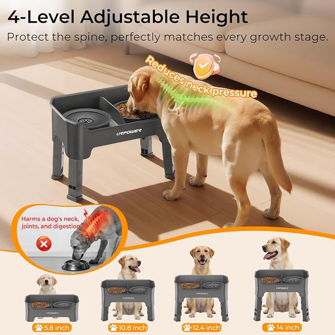URPOWER Mess Proof Elevated Dog Bowls 4 Height Adjustable Raised Stand | No Spill Water Bowl, Slow Feeder Dog Bowls, Non-Slip Food and Water Bowl Set for Small, Medium & Large Dogs