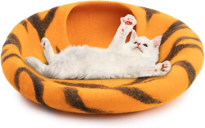Luxurious Merino Wool Cat Cave - Foldable Hideaway Pod for Indoor Cats - Premium Felt Kitten Pet Enclosure - Covered Cat House for Ultimate Cozy Comfort by Woolygon (Tiger)