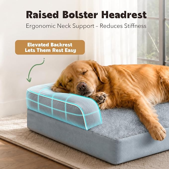 Orthopedic Comfy Washable Dog Bed with Bolster for Medium Small Dogs | Pillow Support for Neck Relief, Egg Crate Foam, Skin-Friendly Surface, Waterproof Liner, Anti-Slip Bottom, 28 x 21 Inch