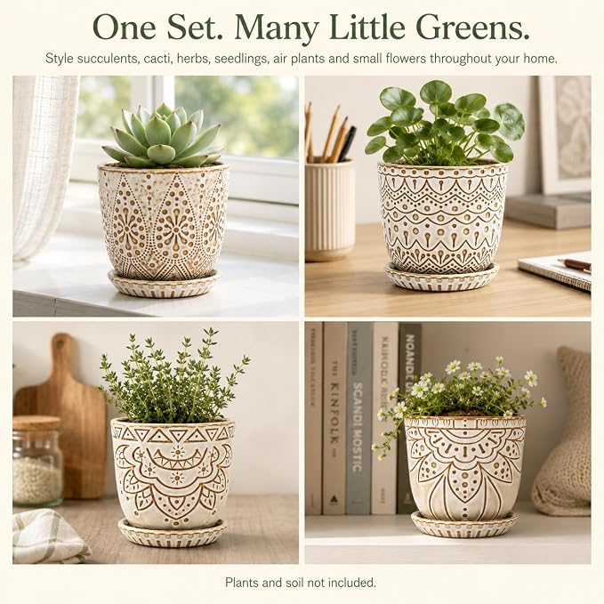 Gepege Succulent Pots, 4 Inch Small Indoor Ceramic Planter Pot with Drainage Holes and Saucers for Plants- Creamy White - Set of 4
