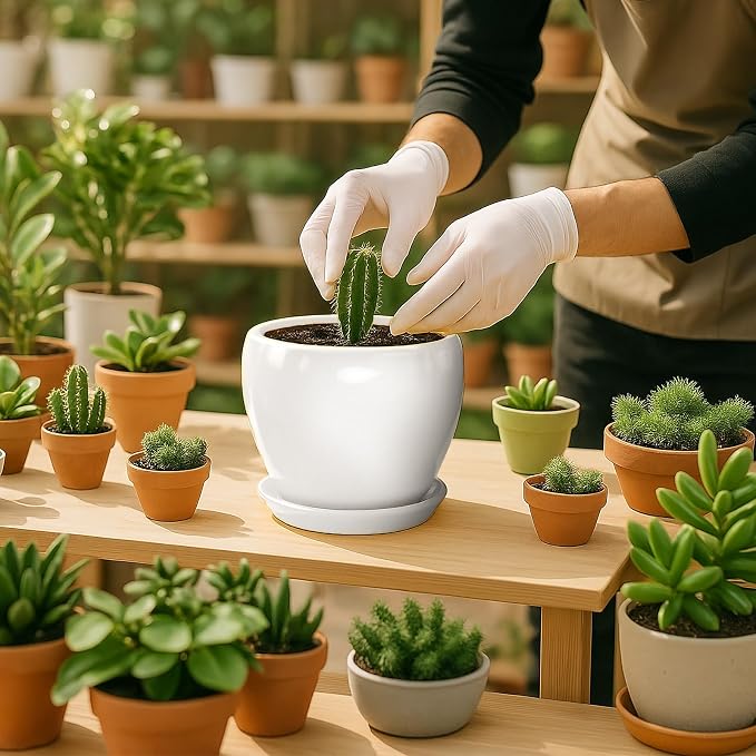 Deep Dream 6 Inch Plant Pot - Ceramic Planter with Drainage Hole and Trays, Modern Round Flower Pot, Planters for Indoor Outdoor Plants, Home Garden Decor, White