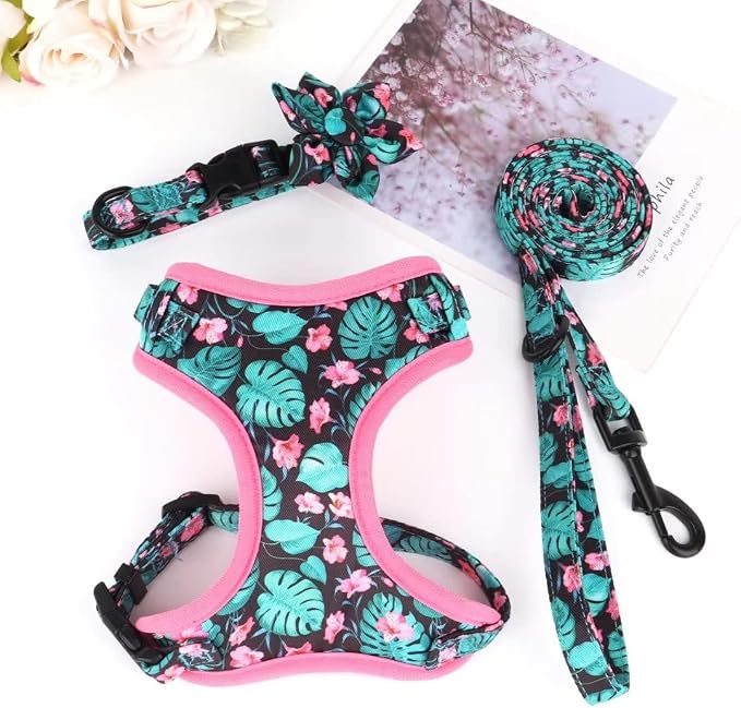 Beirui Cute Dog Collars,Harnesses,Leashes Set, Floral Pattern, Green,XXS | Girl Dog Harness Set with Flower, Adjustable and Soft Mesh Lining, For Puppies Small & Extra Small Dogs Daily Walks