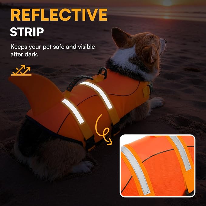 Dog Life Jacket, Dog Life Vest for Swimming, Puppy Shark Swimming Vest with Rescue Handle, Reflective Adjustable Pet Lifesaver Preserver for Small Dogs, Orange XS