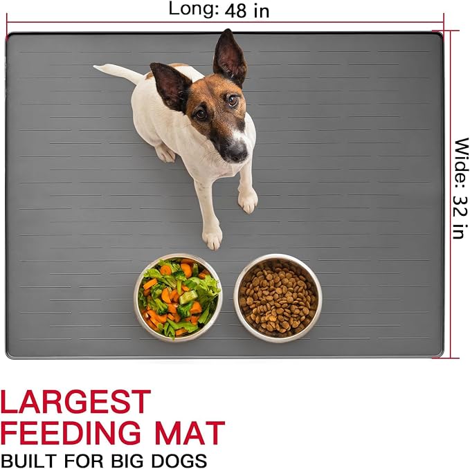 48" x 32" XXXL Largest Pet Food Mat, Silicone Dog Mats for Food and Water, Nonslip Pet Feeding Mats for Floors,Dog Cat Bowl Mat with Raised Edges, Black