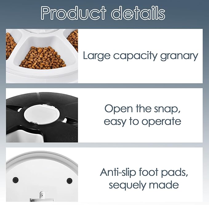Automatic Cat Feeder, 6-Meal Timed Pet Food Dispenser, Programmable Portion Control Automatic Pet Feeder for Dogs, Dry & Semi-Wet Food, Easy-Clean Tray
