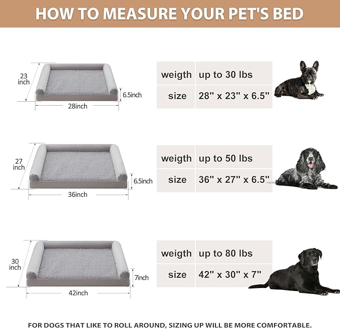 BFPETHOME Orthopedic Washable Large Dog Bed for Senior Dog Comfy Sleep | Waterproof Big Soft Pet Couch Bed for Dogs Relax with Removable Cover Supportive Egg Crate Foam Light Grey 28x23 Inch