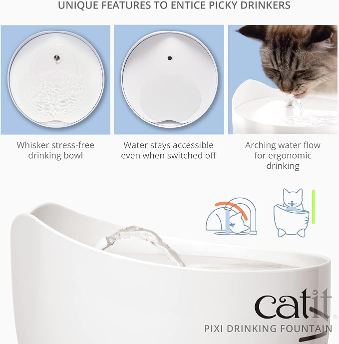 Catit PIXI Cat Drinking Fountain, Running Water Fountain, Pink | Cat Water Fountain with Triple Filter and Ergonomic Drinking Options