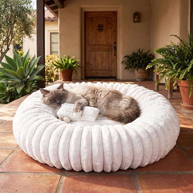 Donut Pet Bed for Indoor Cats and Small Dogs, Self-Heating Dog Bed with Non-Slip Bottom, Winter Comfort Dog Beds for Puppies, Washable & Portable Egg Tart Shape (S) Small cat Bed self Warming