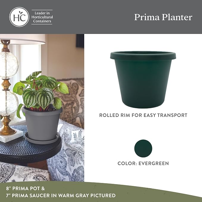 The HC Companies 12 Inch Prima Round Planter Pots with Drainage Holes and Rolled Rim, Lightweight UV-Resistant Plastic Indoor & Outdoor Planters, 2-Pack Flower Pots for Garden & Home Decor, Evergreen