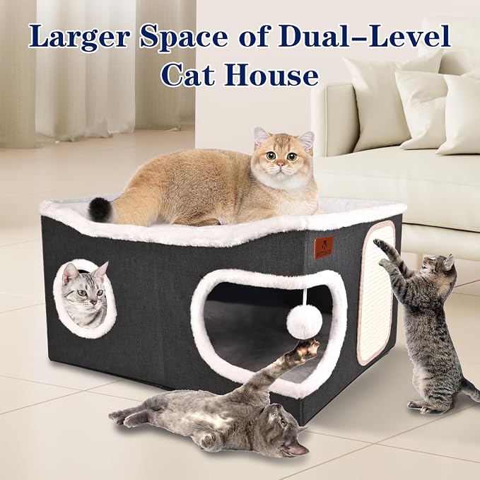 Extra Large Cat Beds for Indoor Cats, Covered Cat Cave Beds & Furniture with Scratch Pad and Fluffy Ball, Foldable Cat Condo with Reversible Cushion for Multi Small Pet Large Kittens, Dark Grey