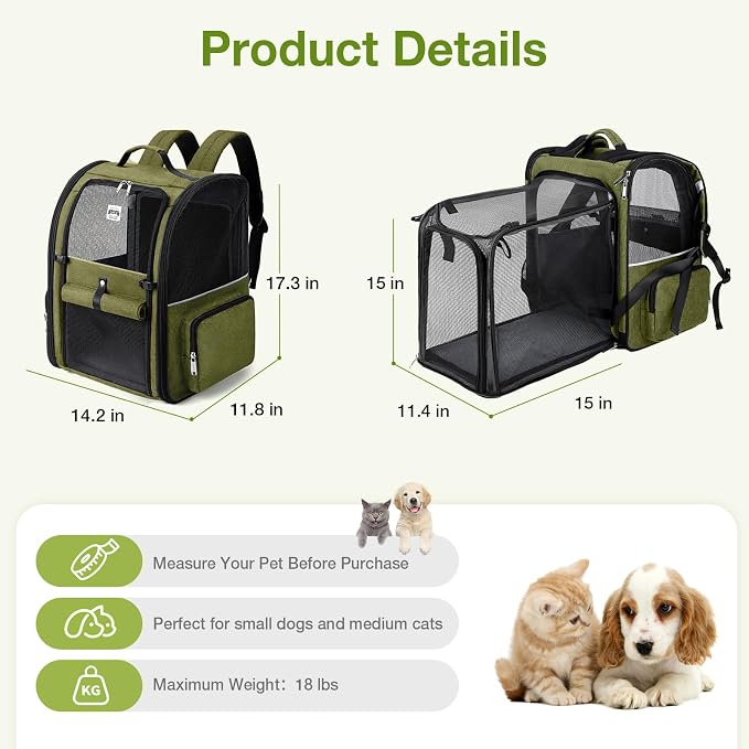 Large Cat Backpack Carrier Expandable Pet Carrier Backpack for Small Dogs Medium Cats Fit Up to 18 Lbs, Dog Backpack Carrier, Foldable Puppy Backpack Carrier for Travel,Dark Green, Large