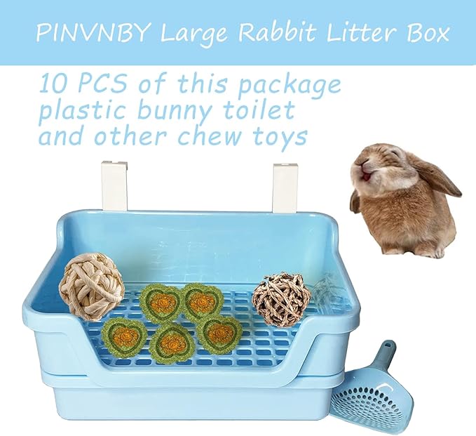 PINVNBY Large Rabbit Litter Box Deep Bunny Corner Toilet Box Double-Deck Small Animal Potty Trainer with Hooks for Adult Guinea Pig Chinchilla Ferret Chipmunk(Blue)