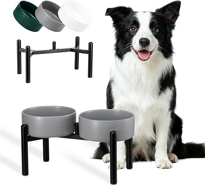 Raised Ceramic Dog Bowl Set with Stand, 7.5 Cups Elevated Dog Food Stand | 8.4'' Double Dog Food and Water Bowl Set, Non-Slip Dog Feeding Dishes for Small Breeds and Cats, 59.2 OZ, Grey