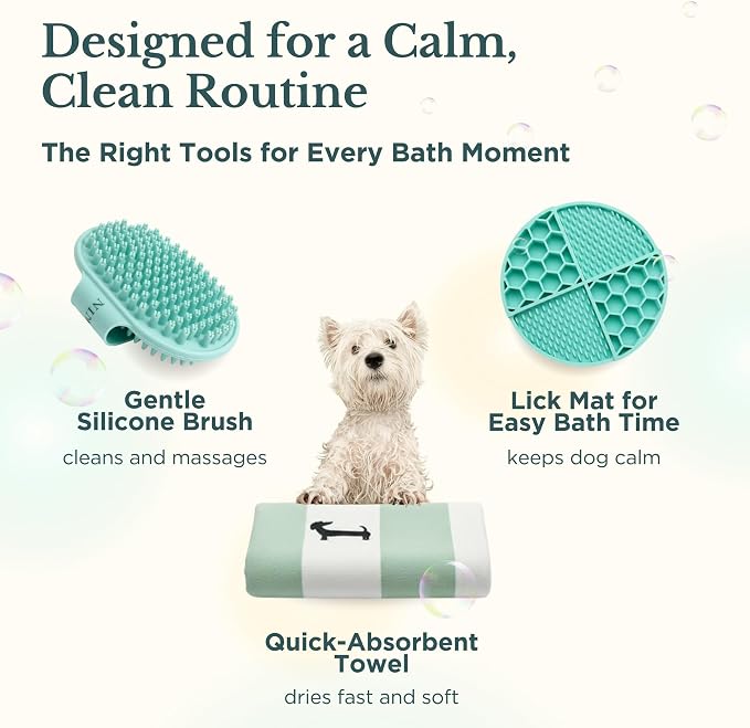 Bath Kit for Dogs & Puppies – Grooming Set with Recycled Polyester Towel, Silicone Brush & Lick Mat – Stylish At-Home Dog Bath Kit, Perfect Dog Gift
