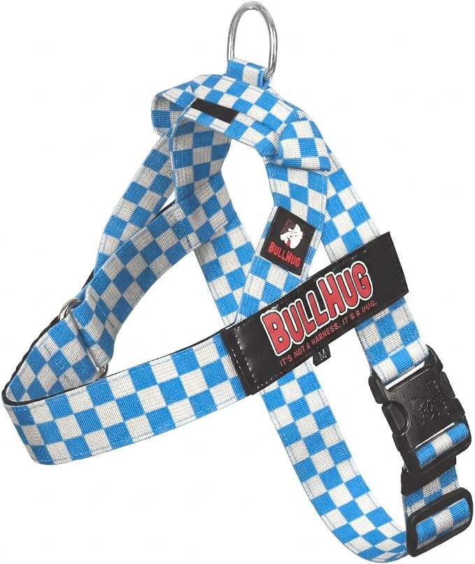 Adjustable Dog Harness– No Pull, No Choke – for English Bulldogs, French Bulldogs, Pugs & Broad-Chested Breeds – Easy, Safe Walks (Blue Checkers, Medium)