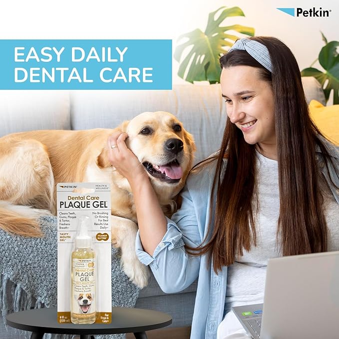 Petkin Plaque Remover Gel, Peanut Butter – Cleans Teeth and Gums, Removes Plaque and Tartar - Freshens Breath and Whitens Teeth with Baking Soda - Ideal for Daily Use, No Brushing or Rinsing - 4 fl oz
